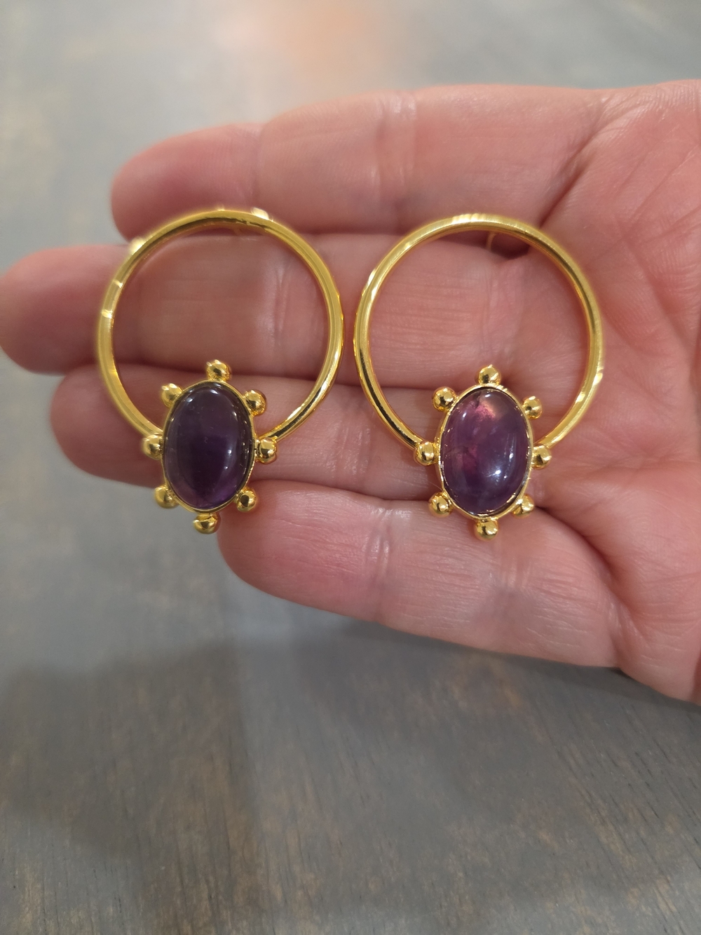 Gold Hoop Earrings with Purple Amatyst Stones